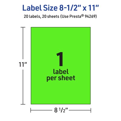 Avery Laser/Inkjet Multipurpose Rectangle Labels, 8.5" x 11", Neon Green, 20/Pack (94269)