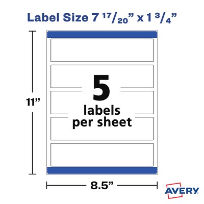 Avery Print-to-the-Edge Laser/Inkjet Labels, 7.85" x 1.75", White, 5 Labels/Sheet, 10 Sheets/Pack, 50 Labels/Pack (22838)