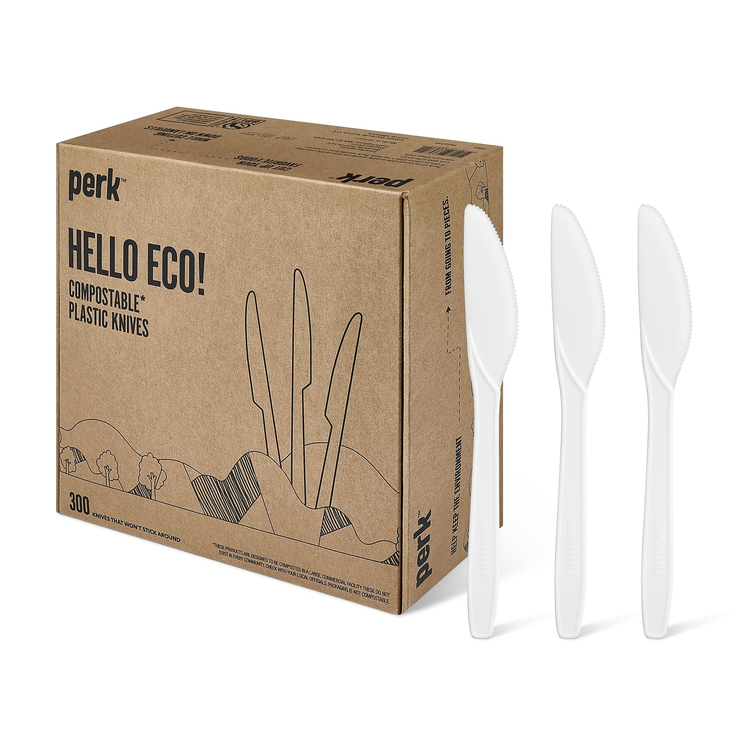 Perk™ Eco Compostable PLA Knife, Medium-Weight, White, 1800/Carton (PK56199CT)