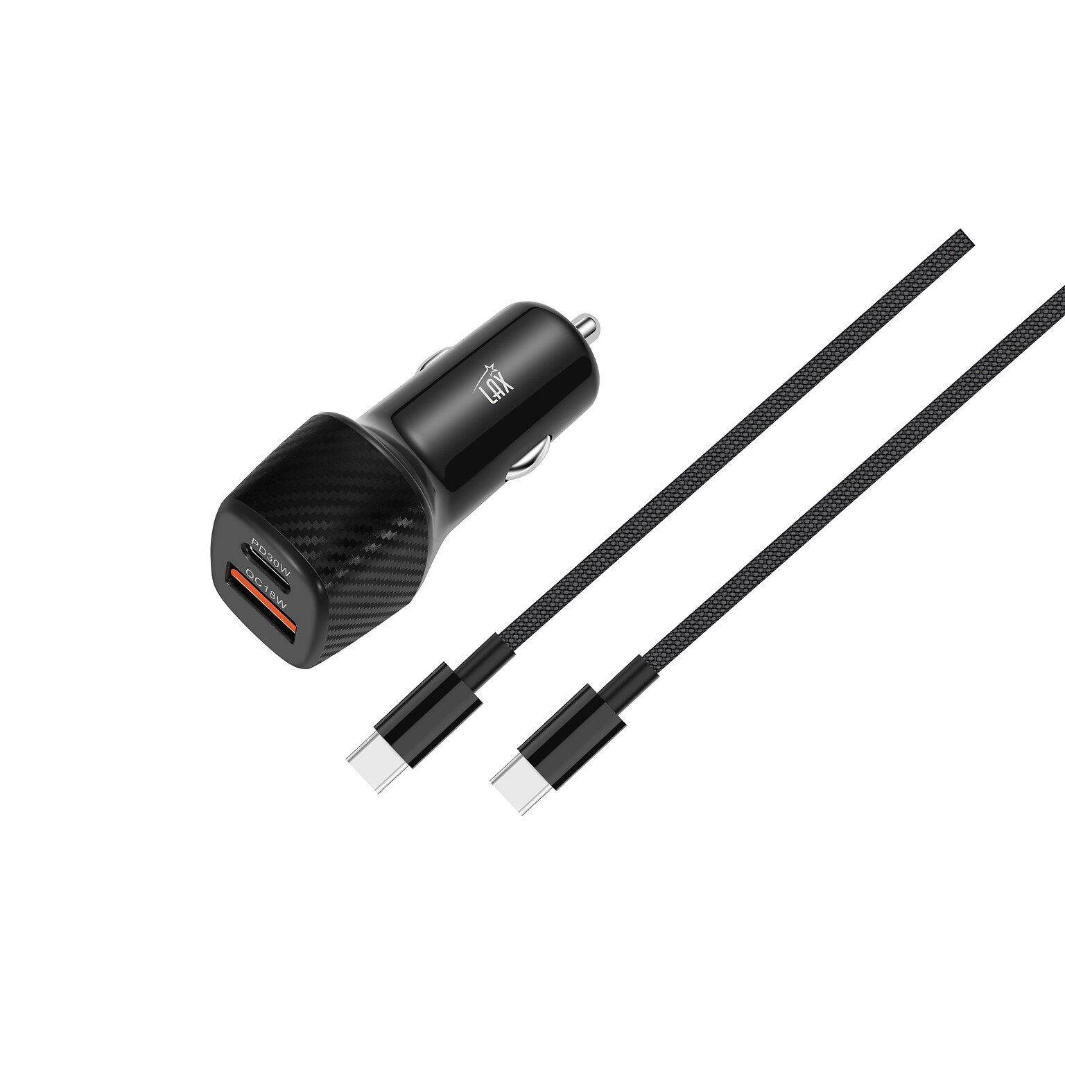 LAX USB-C to USB-C Cable with USBPD 30W Car Charger, Black (CCPD30CC)