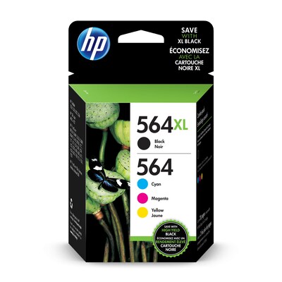 HP 564XL/564 Black High Yield and Cyan/Magenta/Yellow Standard Yield Ink Cartridge, 4/Pack (N9H60FN#
