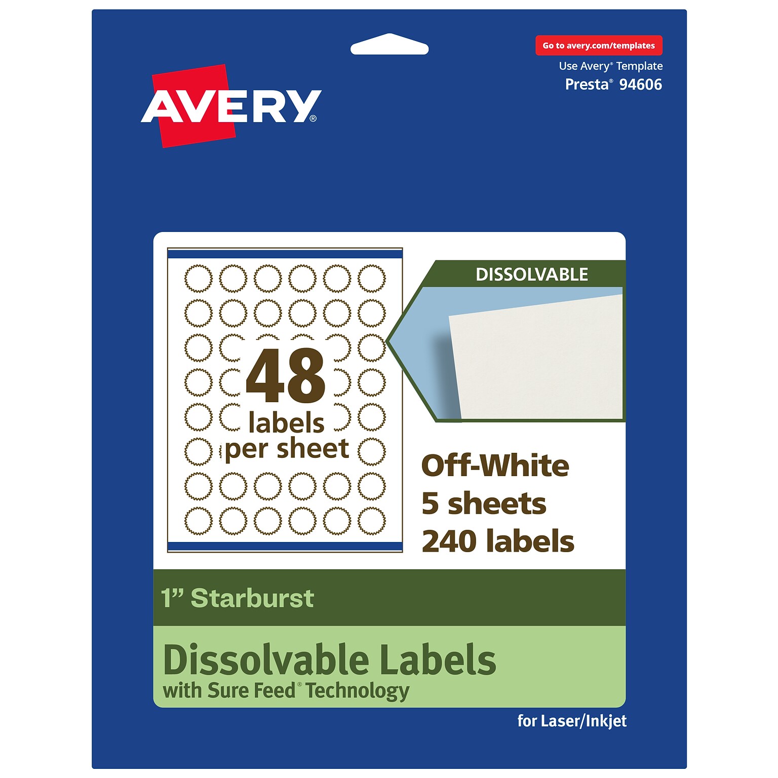 Avery Dissolvable Burst Multipurpose Labels, 1, Off-white, 240/Pack (94606)