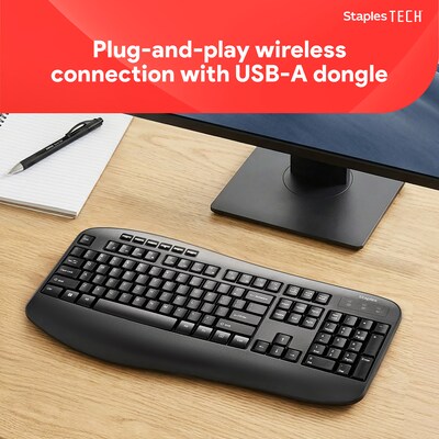 Staples TECH Wireless Comfort Keyboard, Quiet Typing, USB Receiver for PC and Laptop, Black