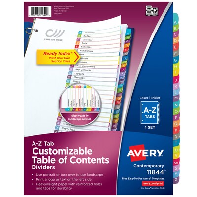 Avery Ready Index Table of Contents Paper Dividers, A-Z Tabs, Contemporary Multicolor (11844)