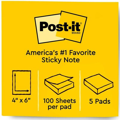 Post-it Sticky Notes, 4 x 6 in., 5 Pads, 100 Sheets/Pad, Lined, The Original Post-it Note, Canary Yellow