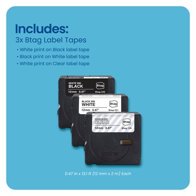 Brother P-touch Btag Label Tape, 1/2" x 13.1’ (12mm x 4m), White on Clear, Black on White, White on Black, 3/Pack (BTAG3M01)