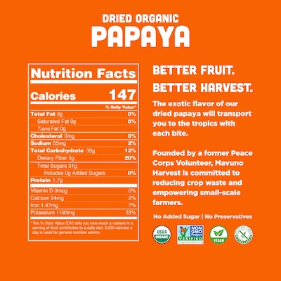 Mavuno Harvest Gluten Free Organic Dried Papaya Fruit Snacks, 1 lb. Bag (MAHW-PPYA1LB)