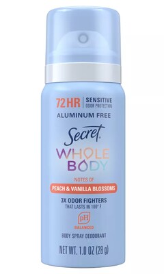 Secret Whole Body Cooling Deodorant Spray for Women, Peach & Vanilla Blossom Scent, Aluminum Free Deodorant, 1oz. (17015)