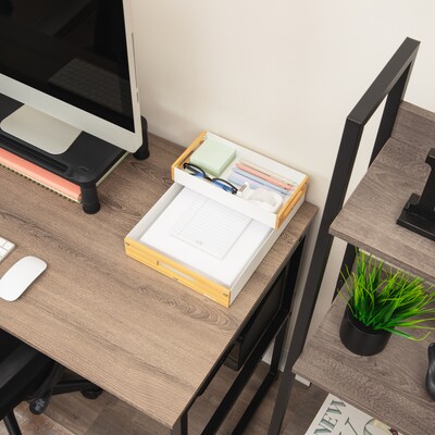 Mind Reader 2-Compartment Metal/Wood Tiered Desktop Organizer Trays, White (2TRAY-WHT)