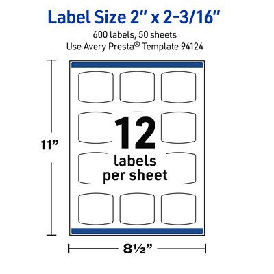 Avery Arched Square Laser Multipurpose Labels, 2" x 2-3/16", White, 600/Box (19479399154)