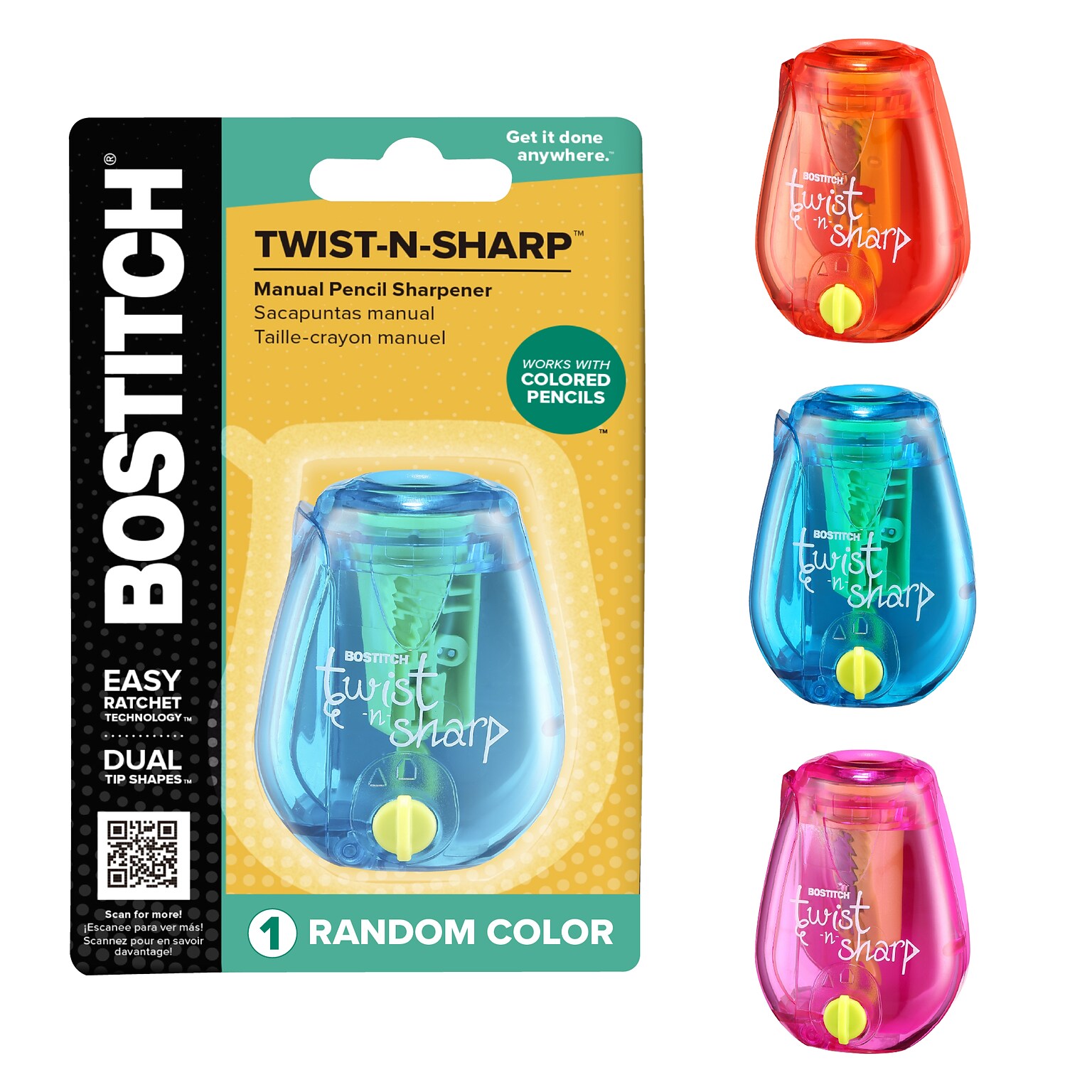 Bostitch Twist-n-Sharp Manual Handheld Pencil Sharpener, 1 Sharpener, Assorted Colors (PS1-ADJ)