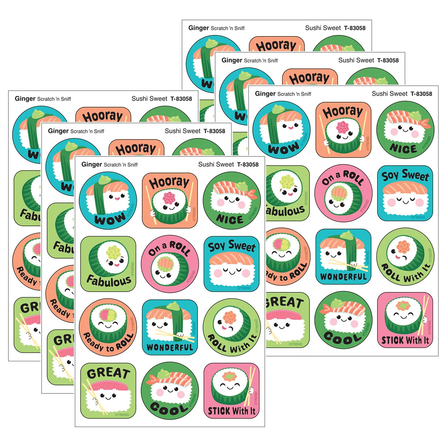Trend Enterprises Sushi Sweet Ginger Scent Scratch n Sniff Stinky Stickers, Multicolored, 48/Pack, 6/Packs/Bundle (T-83058-6)