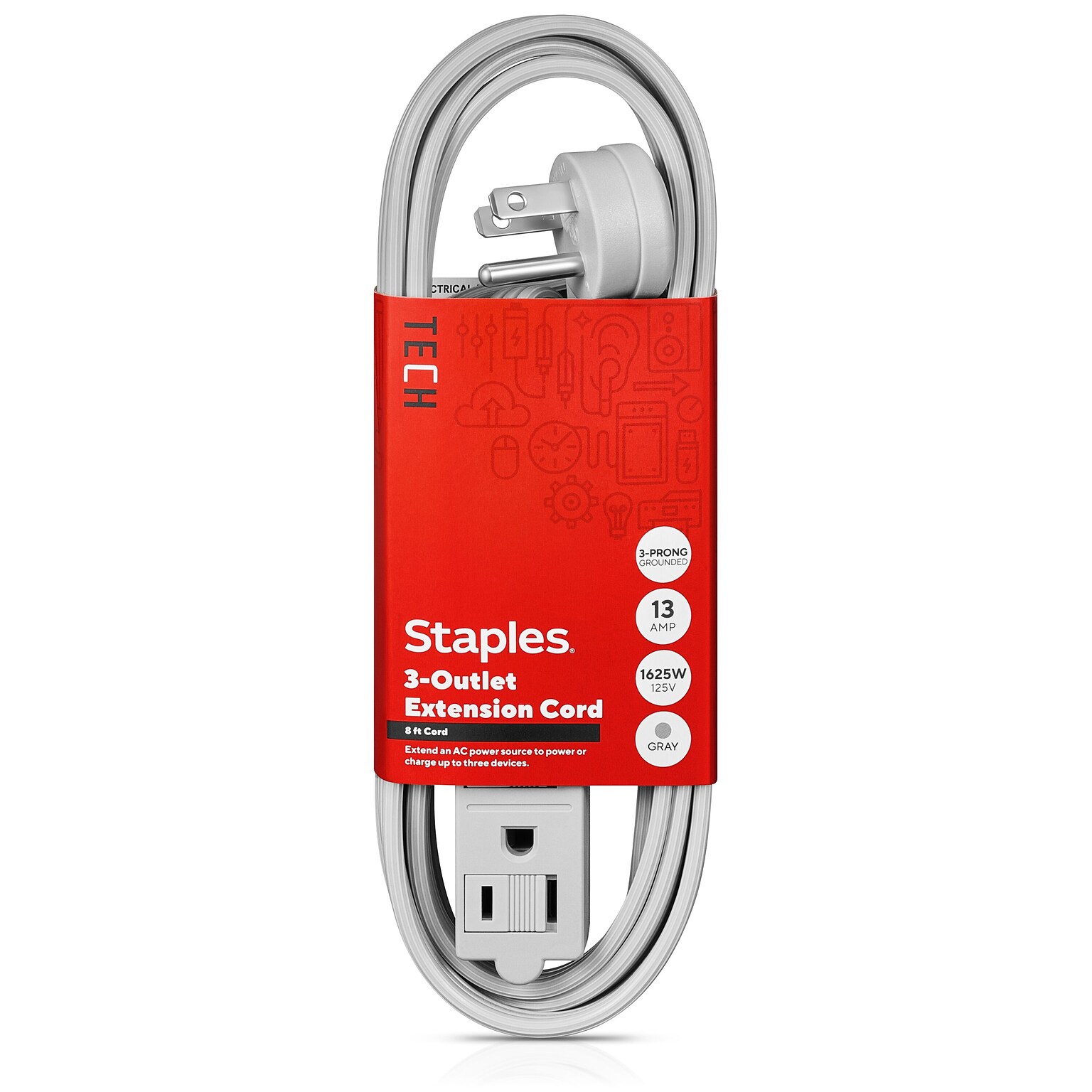Staples TECH 8 Extension Cord, 3-Outlet, 16 AWG, Gray (ST22131-CC)