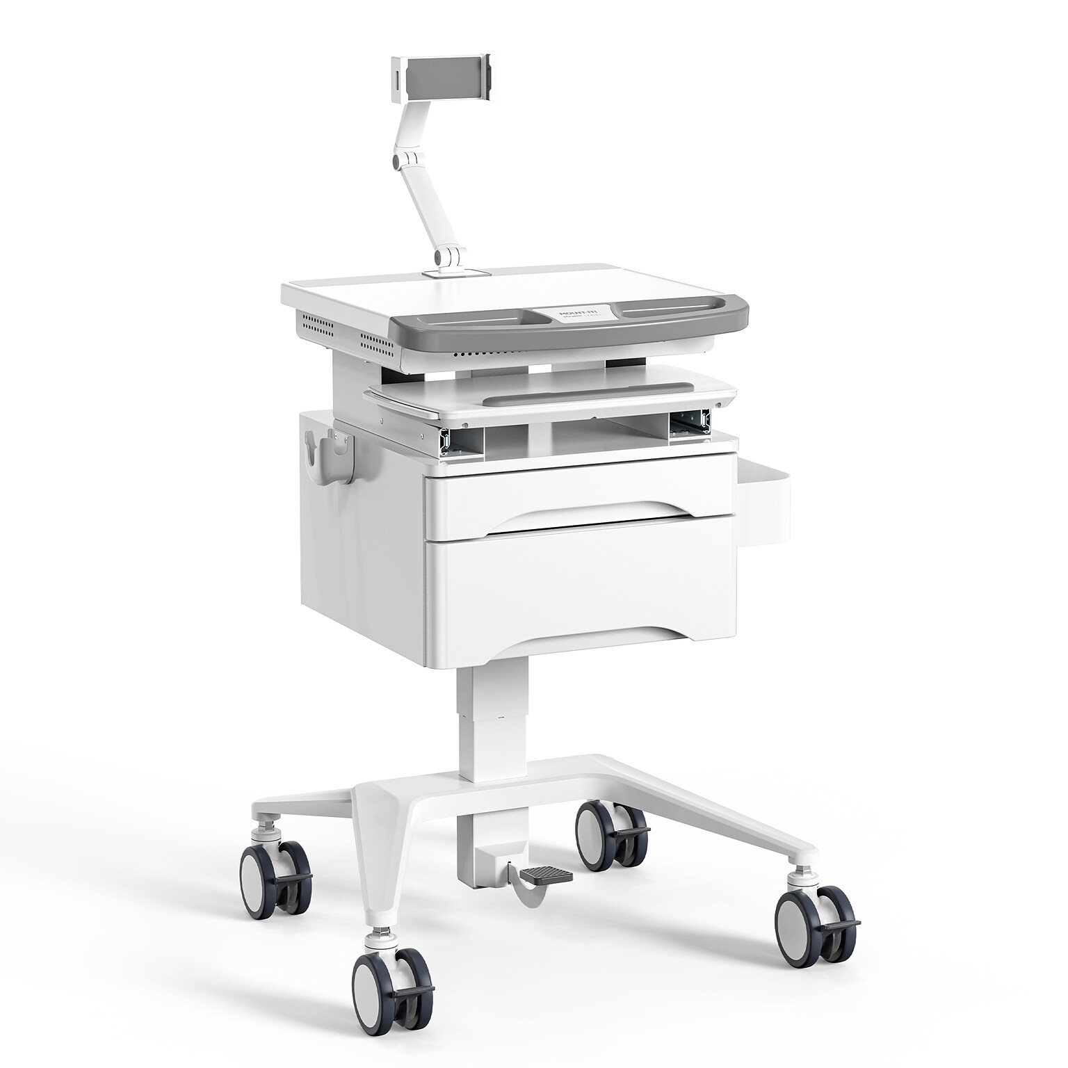 Mount-It! MedHub Mobile Medical Cart Workstation with Drawers, Tablet Arm, and Locking Caster Wheels, White/Grey (MI-16028)