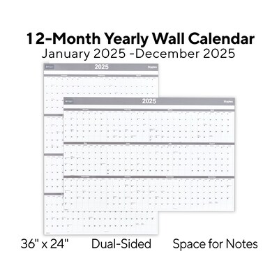 2025 Staples 36 x 24 Dry Erase Wall Calendar, Gray/White (ST52079-25)