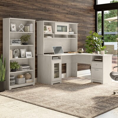 Bush Furniture Cabot 60" L-Shaped Desk with Hutch and 5-Shelf Bookcase, Linen White Oak (CAB011LW)