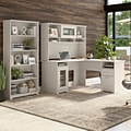 Bush Furniture Cabot 60 L-Shaped Desk with Hutch and 5-Shelf Bookcase, Linen White Oak (CAB011LW)