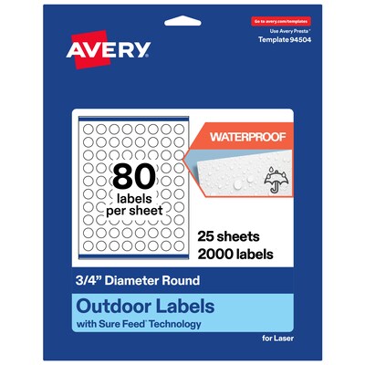 Avery Waterproof Round Laser Multipurpose Labels, 0.75 Dia., White, 2000/Pack (19479399417)
