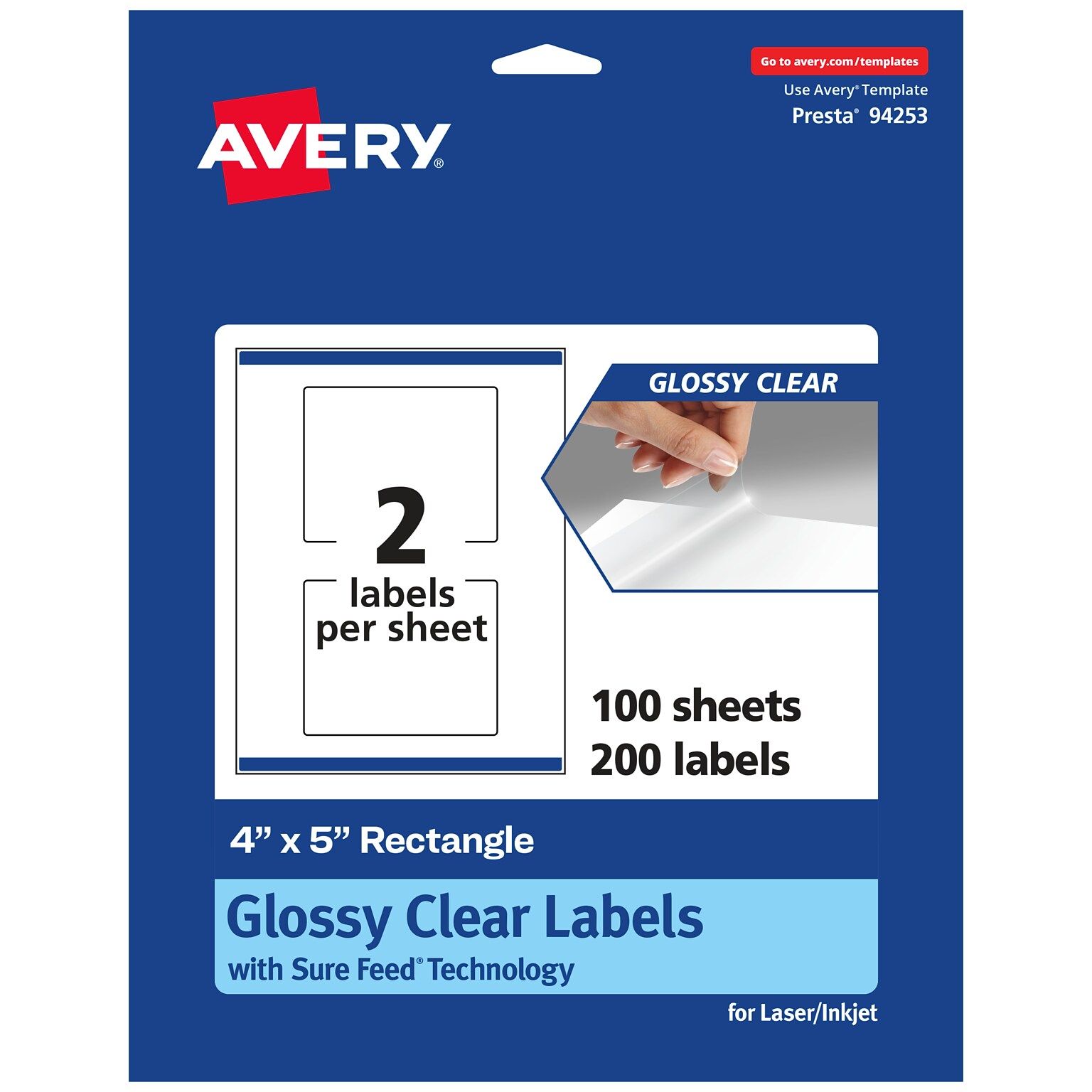 Avery Laser/Inkjet Multipurpose Labels, 5 x 4, Glossy Clear, 200/Box (94253)