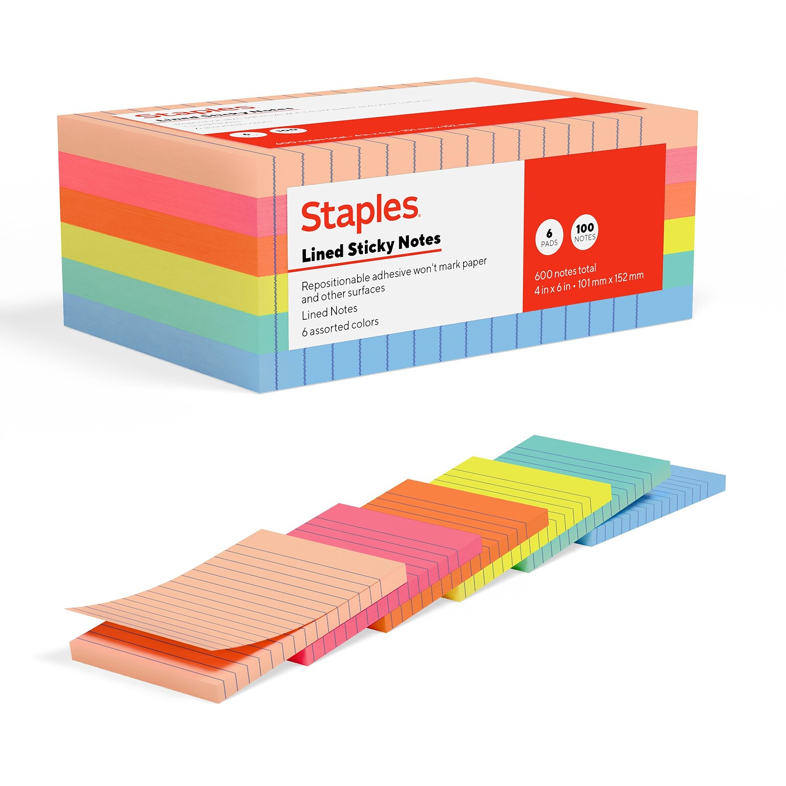 Staples Sticky Notes, 4 x 6, Golden Hour Collection, Lined, 100 Sheets/Pad, 6 Pads/Pack (ST62871)