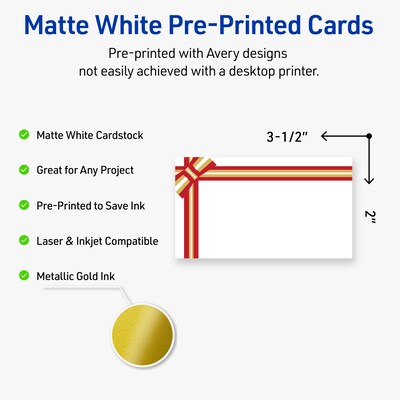 Avery Gold-Red Gift Bow Matte Blank Card, White, 80/Pack (S00-FFP)