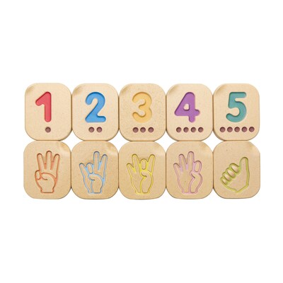 Plan Toys, Wooden Hand Sign Numbers 1-10 Tiles, Multicolored, 10/Pack (PTS5655)
