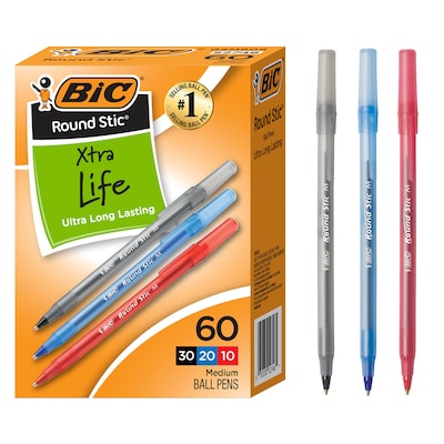 BIC Round Stic Xtra-Life Ballpoint Pen, Medium Point, 1.0mm, Assorted Ink, 60/Pack (GSM609-AST)