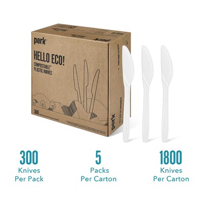 Perk™ Eco Compostable PLA Knife, Medium-Weight, White, 1800/Carton (PK56199CT)