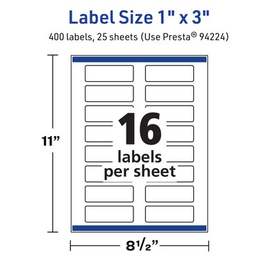 Avery TrueBlock Laser/Inkjet Rectangle Multipurpose Labels, 1" x 3", White, 400/Pack (94224)