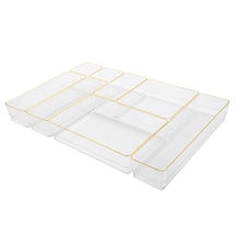Martha Stewart Kerry Plastic Stackable Office Desk Drawer Organizer, Various Sizes, Clear/Gold, 8/Se