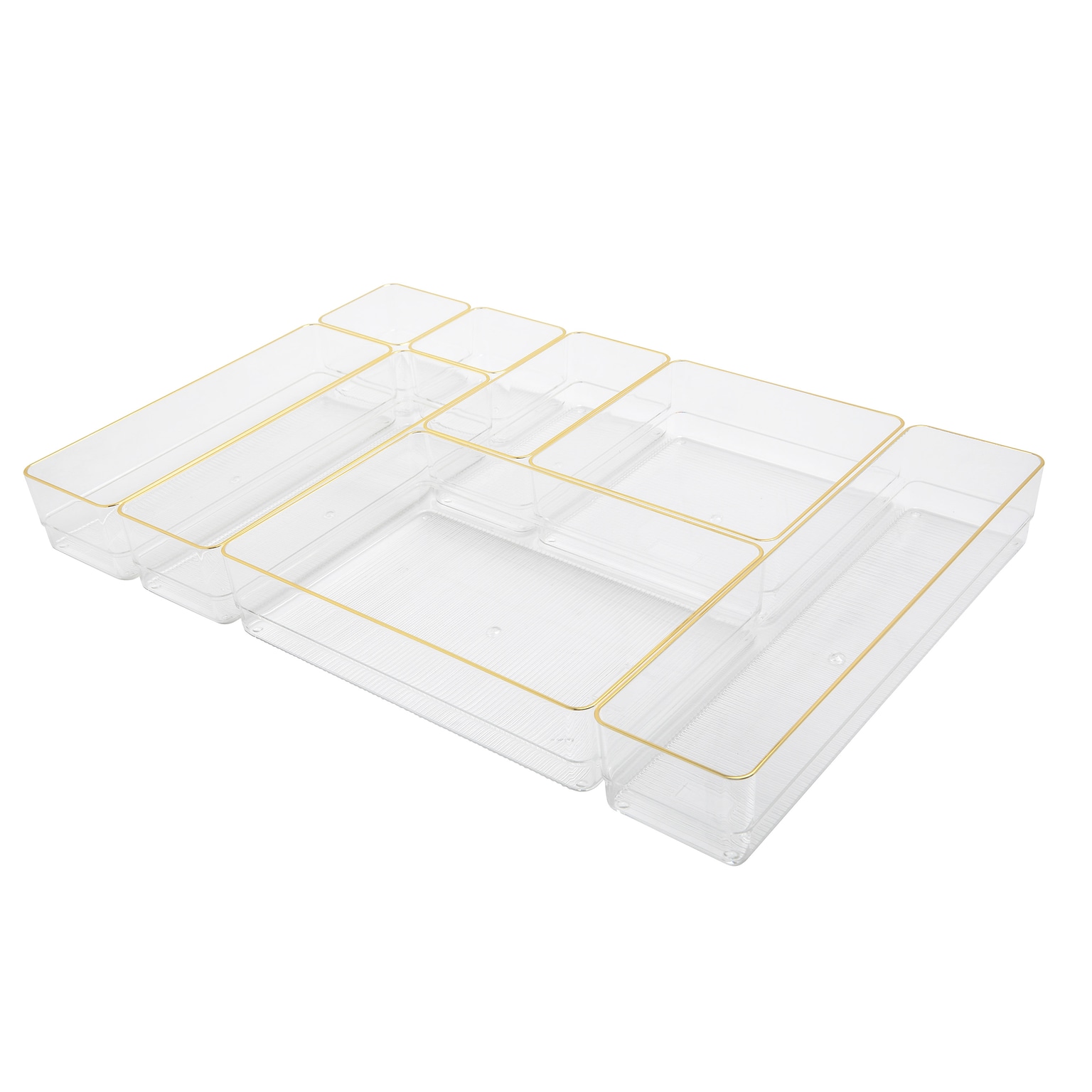 Martha Stewart Kerry Plastic Stackable Office Desk Drawer Organizer, Various Sizes, Clear/Gold, 8/Set (BEPB3371G8CGD)