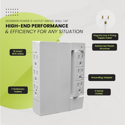 GoGreen Power 6 Outlet Swivel Wall Tap Adapter, White (GG-16000TSW)