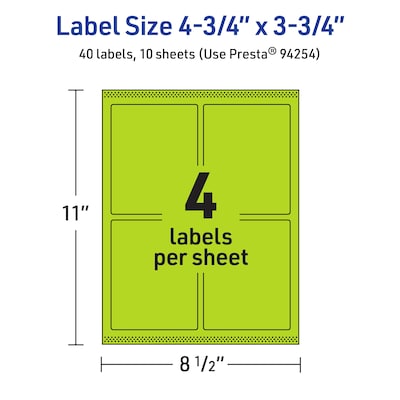 Avery Printable Rectangle Multipurpose Labels, 4.75" x 3.75", Bright Green, 40/Pack (94254)