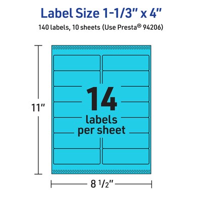 Avery Printable Rectangle Multipurpose Labels, 1-1/3" x 4", Bright Blue, 140/Pack (94206)