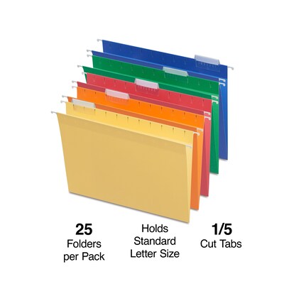 Staples® Heavy Duty Bright Colored Hanging File Folders, 1/5-Cut Tab, Letter Size, Assorted Colors,