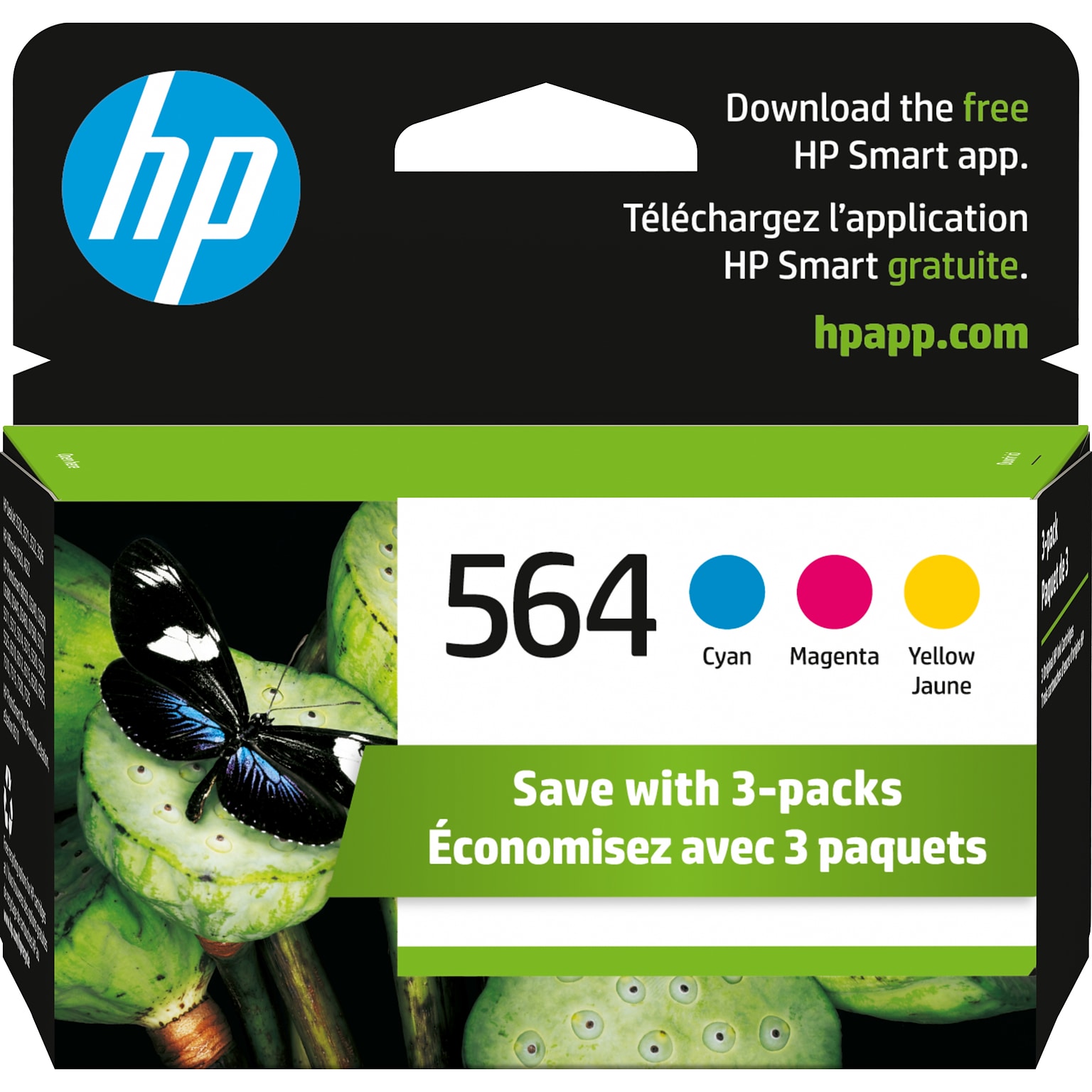 HP 564 Cyan/Magenta/Yellow Standard Yield Ink Cartridge, 3/Pack (N9H57FN#140)