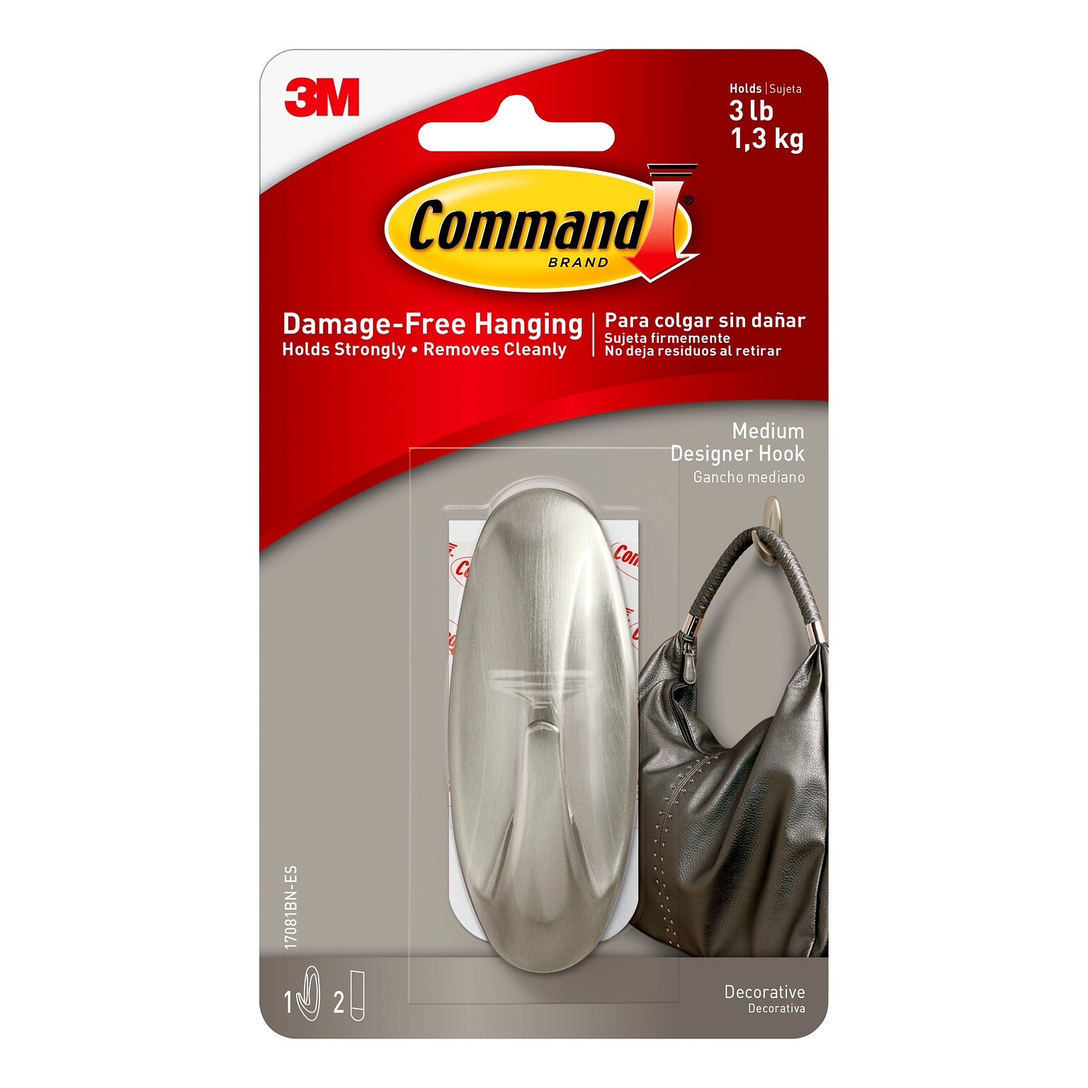 Command™ Medium Designer Hook, Brushed Nickel (17081BN-ES)