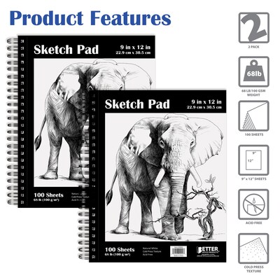 Better Office Products Sketch Paper Pads, Spiral Bound, 9" x 12", Premium Paper, 2-Pack (01305-2PK)