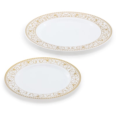 Round Elama Plastic Dinnerware Set, White/Gold, 150 Piece (935123350M)