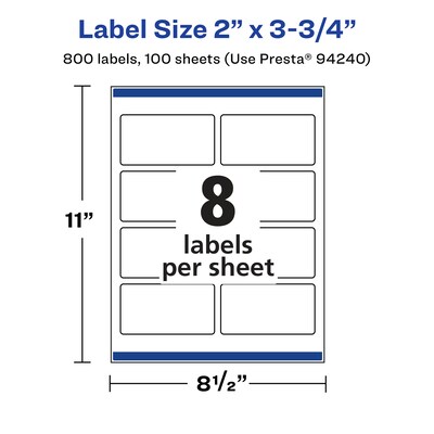 Avery Laser/Inkjet Waterproof Multipurpose Rectangle Labels, 2" x 3.75", White, 800 Labels/Box (94240)