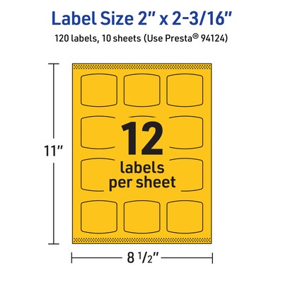 Avery Laser/Inkjet Arched Square Multipurpose Labels, 2" x 2-3/16", Bright Yellow, 120/Pack (94124)
