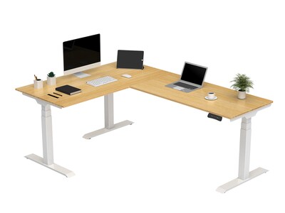 FlexiSpot E7 76W Electric L-Shaped Adjustable Bamboo Top Standing Desk, White (E7LW557624BAM)
