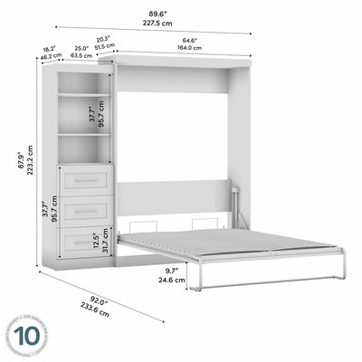 Bestar Pur Queen Murphy Bed with Shelving Unit and Drawers (90W), White (26869-17)