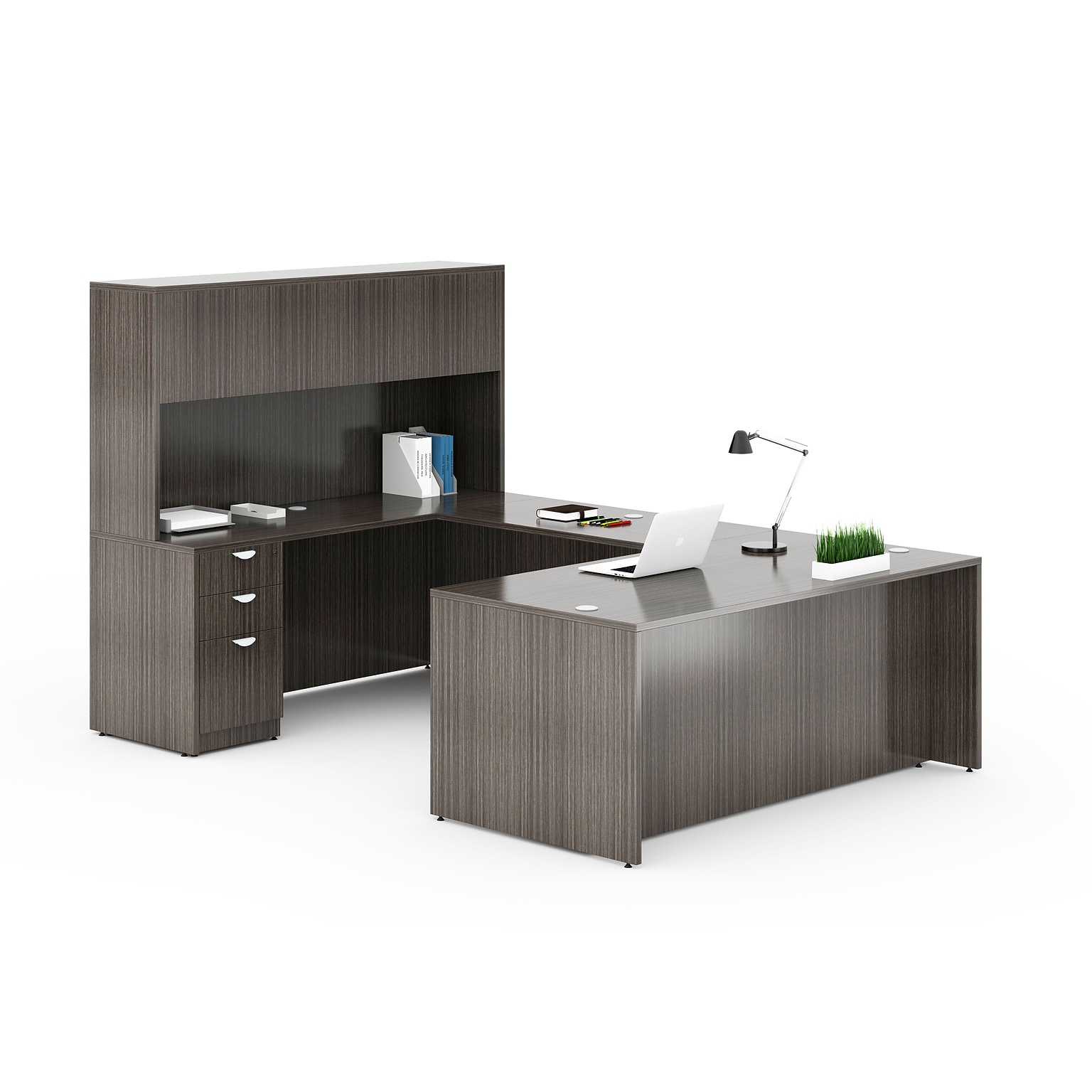 Boss Office Products 66W U-Shaped Executive Desk with Box/Box/File Storage Pedestal and 4 Door Hutch, Driftwood (GROUPA15-DW)