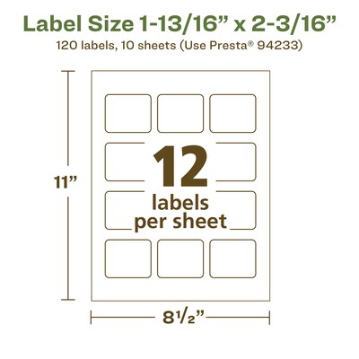 Avery EcoFriendly Laser/Inkjet Rectangle Multipurpose Labels, 1-13/16" x 2-3/16", White, 120/Pack (94233)