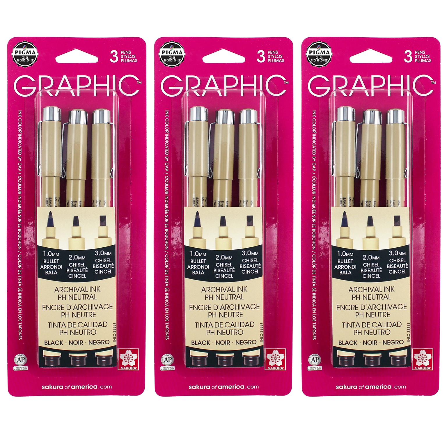Sakura Pigma Graphic, Liquid Ink, Black Ink, 3/Bundle (SAK38881-3)