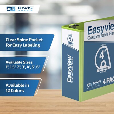 Davis Group Easyview Premium 4" Angle D Ring, Customizable, View Binder, Lime Green, 4/Pack (8406-24)