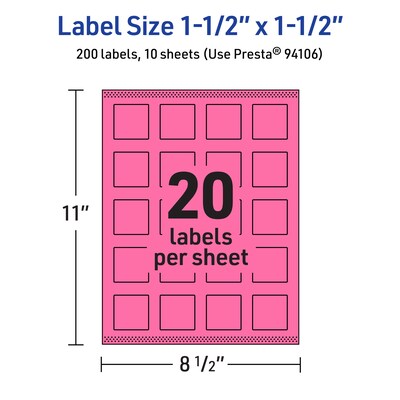 Avery Laser/Inkjet Square Multipurpose Labels, 1.5" x 1.5", Bright Pink, 200/Pack (94106)
