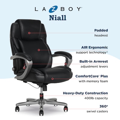 La-Z-Boy Niall AIR Lumbar Pro+ Ergonomic Vegan Leather Executive Big & Tall Chair, 400 lb. Capacity, Black (60114-BLK)