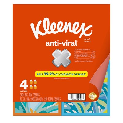 Kleenex Antiviral Facial Tissue, 3-ply, 55 Tissues/Box, 4 Boxes/Pack (54506)